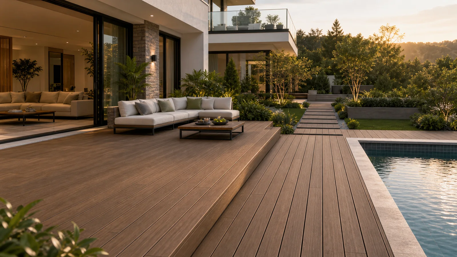 Outdoor decking application visualization showing terrace, garden, poolside, and balcony decking zones.