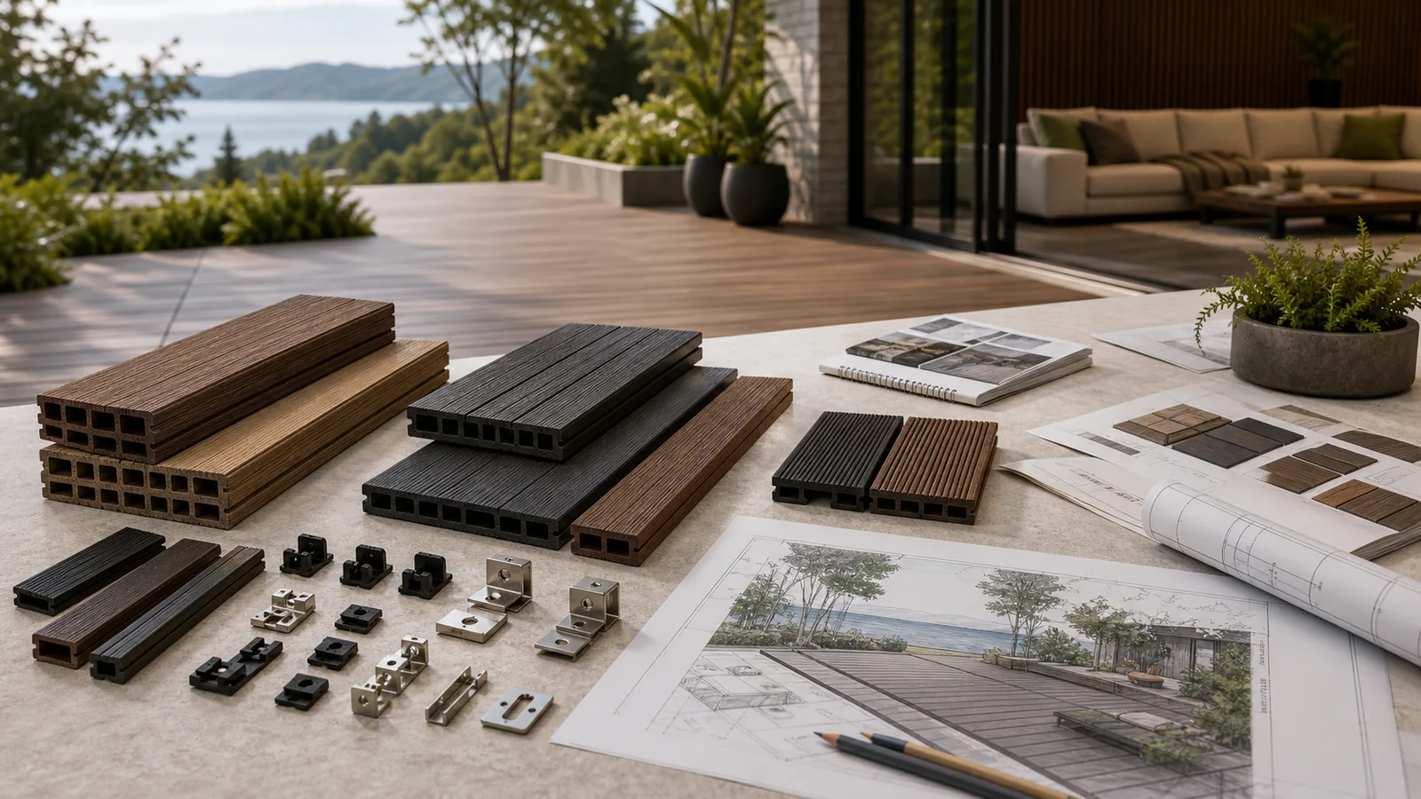 Decking samples, project drawings, clips, and review materials arranged for B2B project support.
