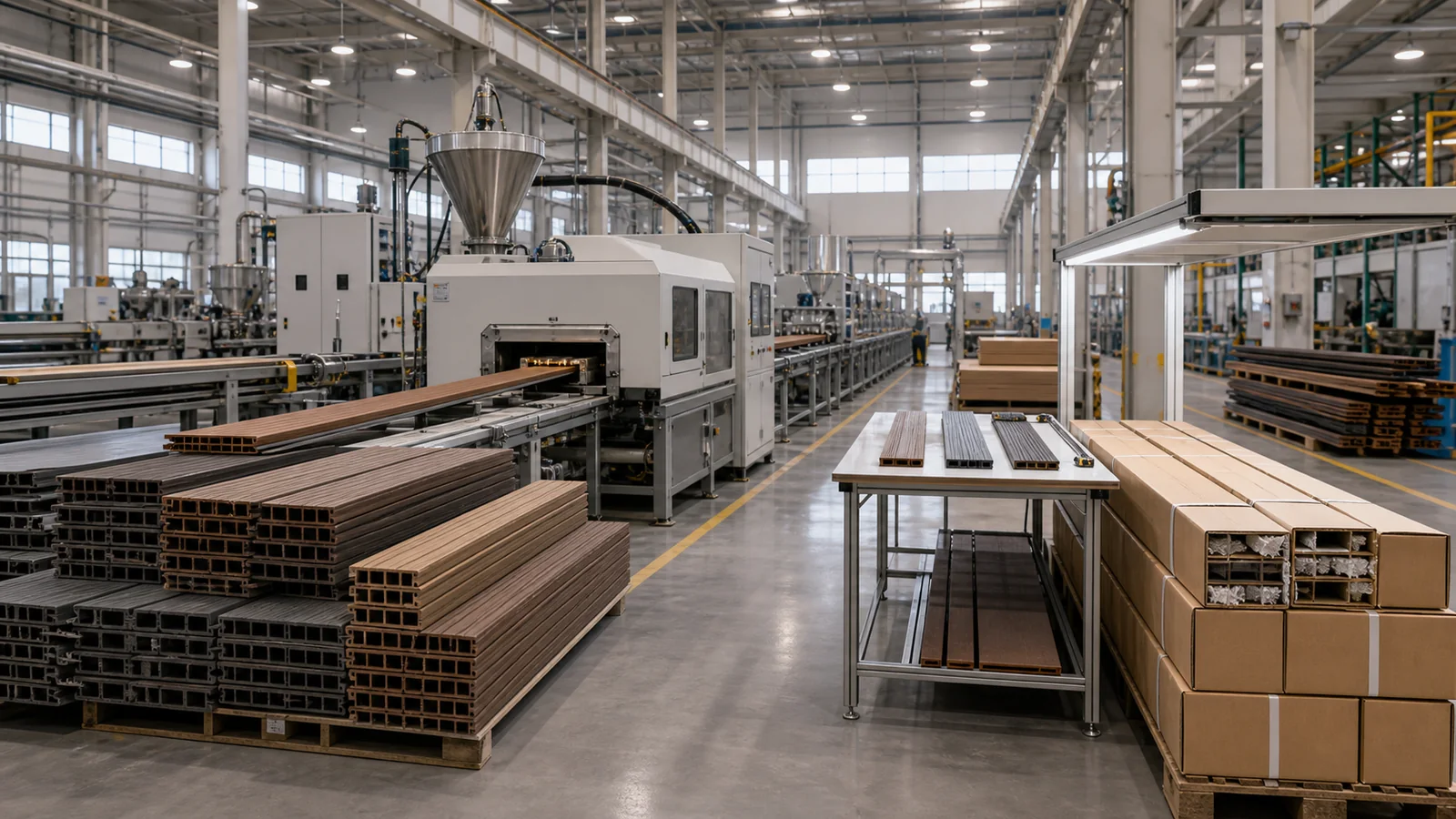 Production process visualization showing decking production, inspection, packaging, and organized board profiles.
