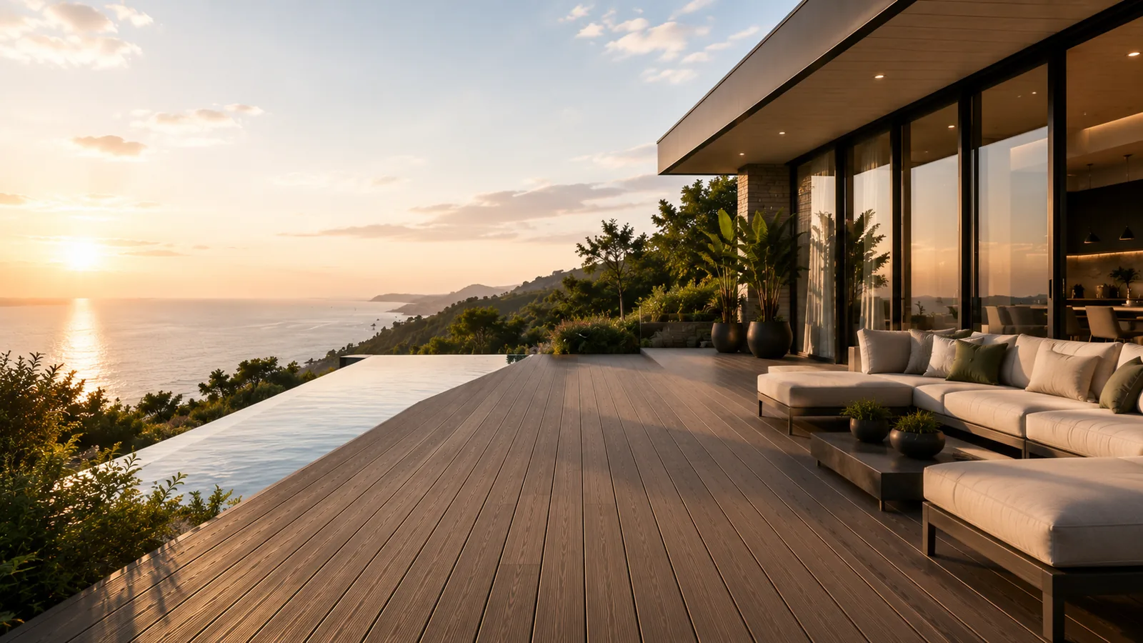 Modern outdoor terrace with composite decking beside a contemporary villa.