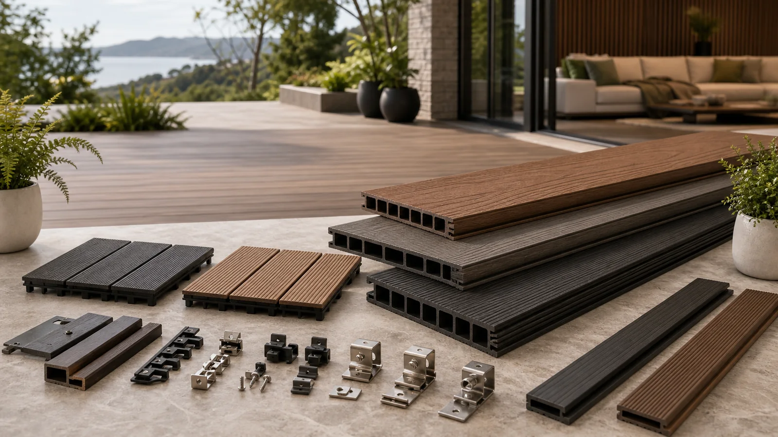 Composite decking boards, WPC profiles, decking tiles, fasteners, clips, and trims arranged as a coordinated outdoor decking system.