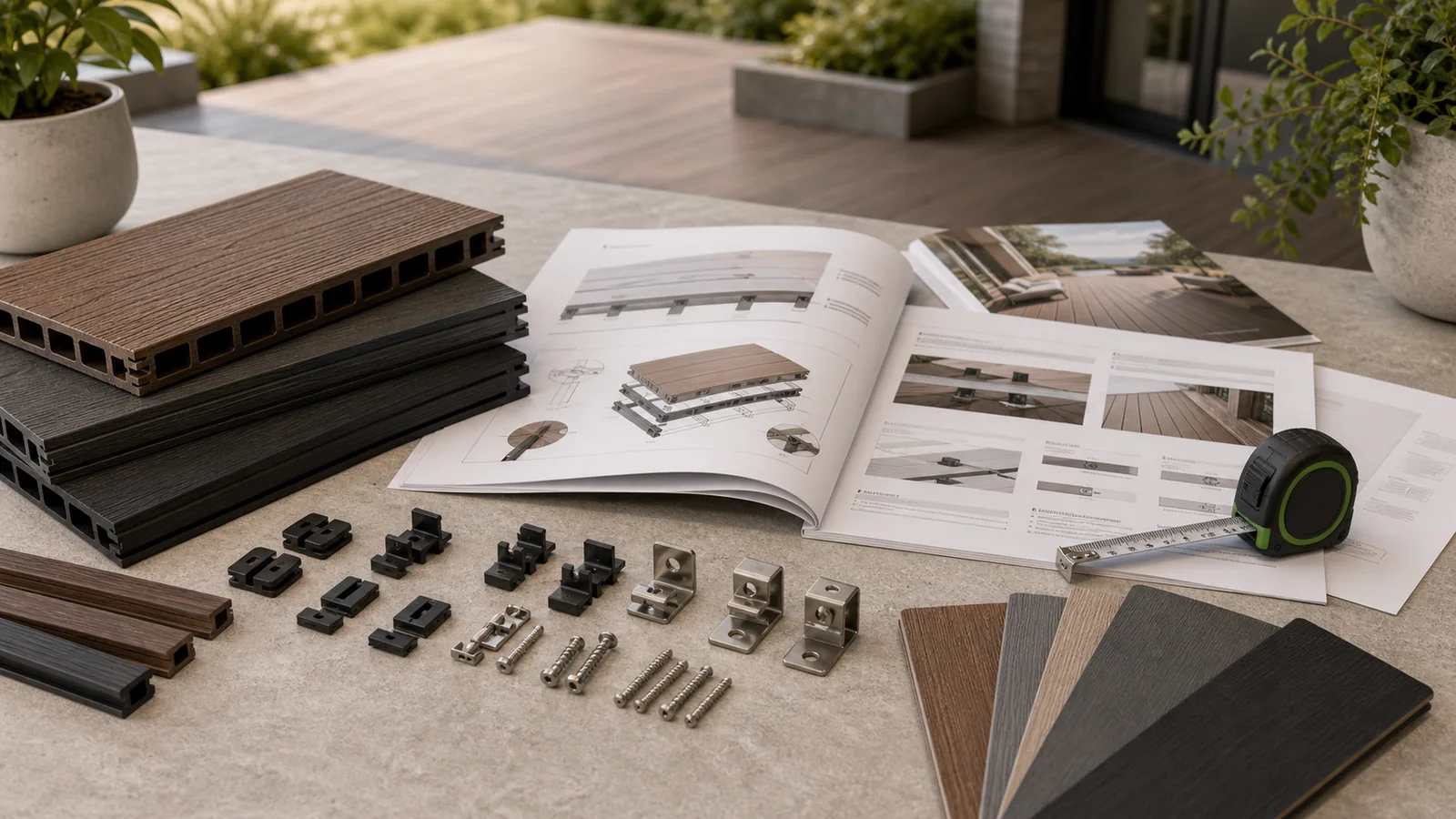 Decking installation guides, board profiles, hidden clips, measuring tool, and technical documents arranged on a table.