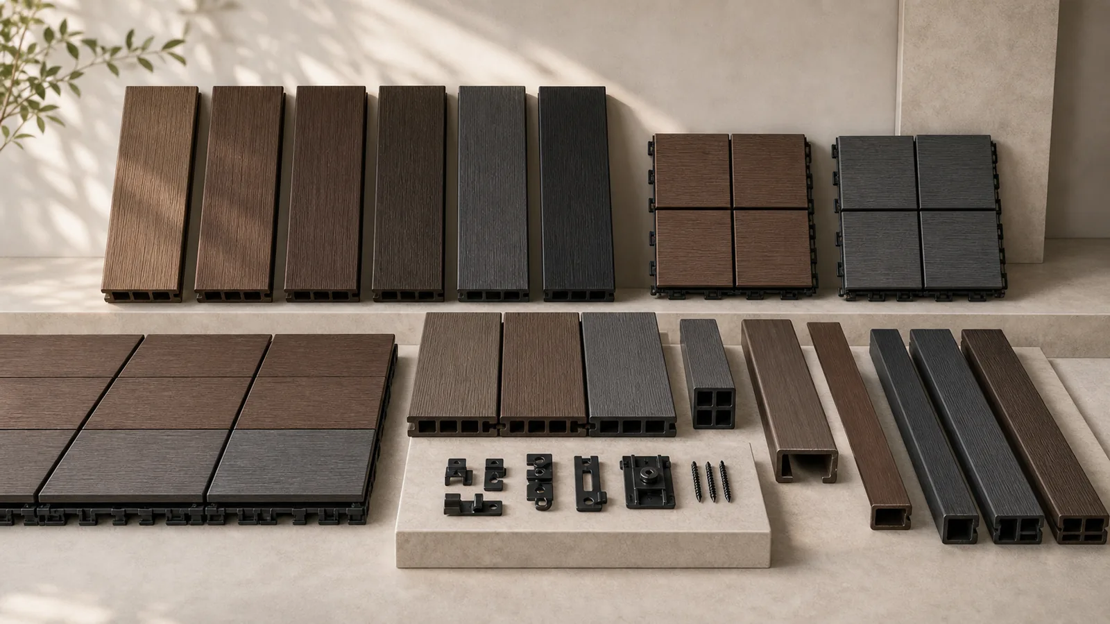 Outdoor decking boards, WPC profiles, decking tiles, and accessories displayed as a product system.