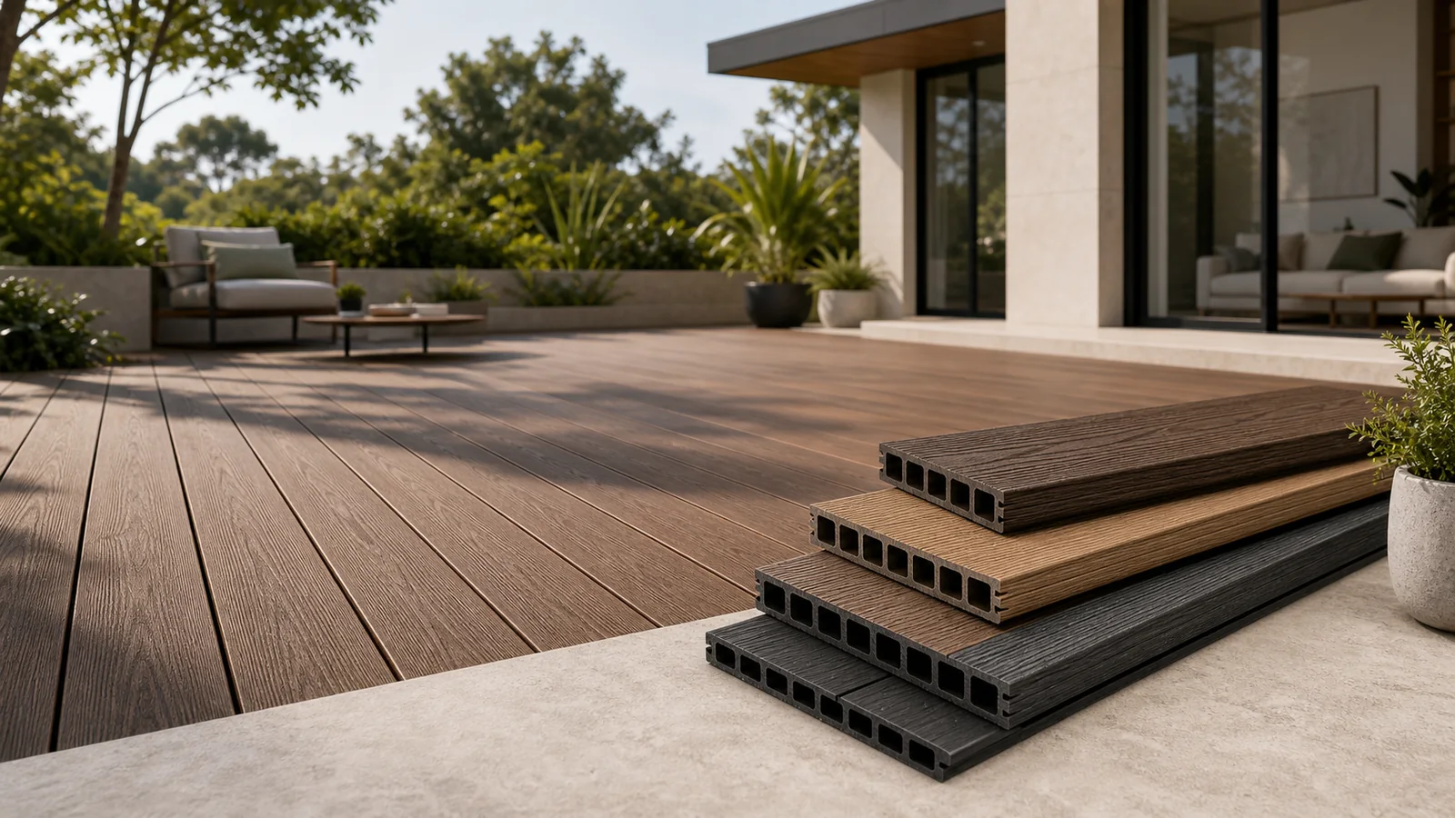 Composite decking boards installed on a modern terrace with board profile samples for B2B review.