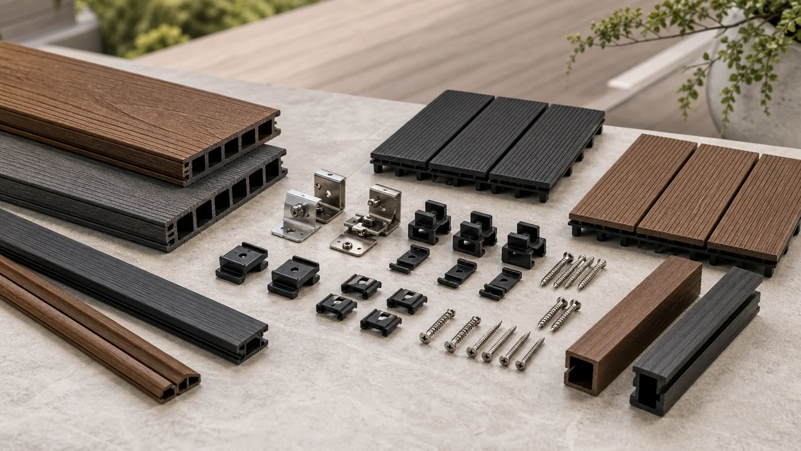 Deck accessories including hidden fasteners, clips, screws, trims, joist samples, and decking boards.