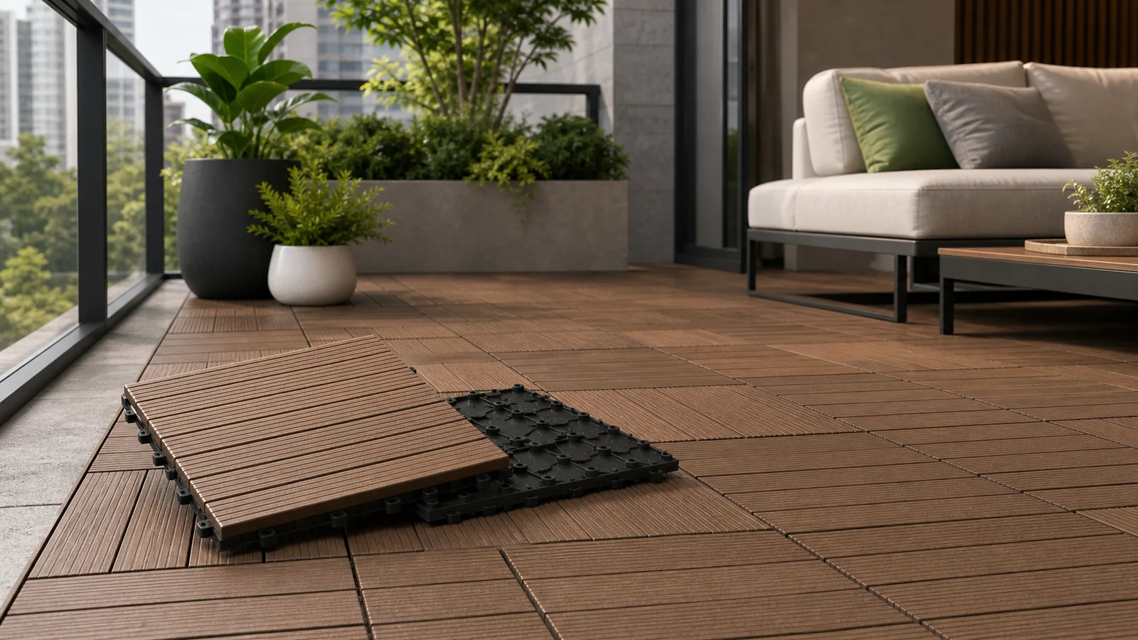 Interlocking decking tiles installed on a balcony with visible modular connector base.