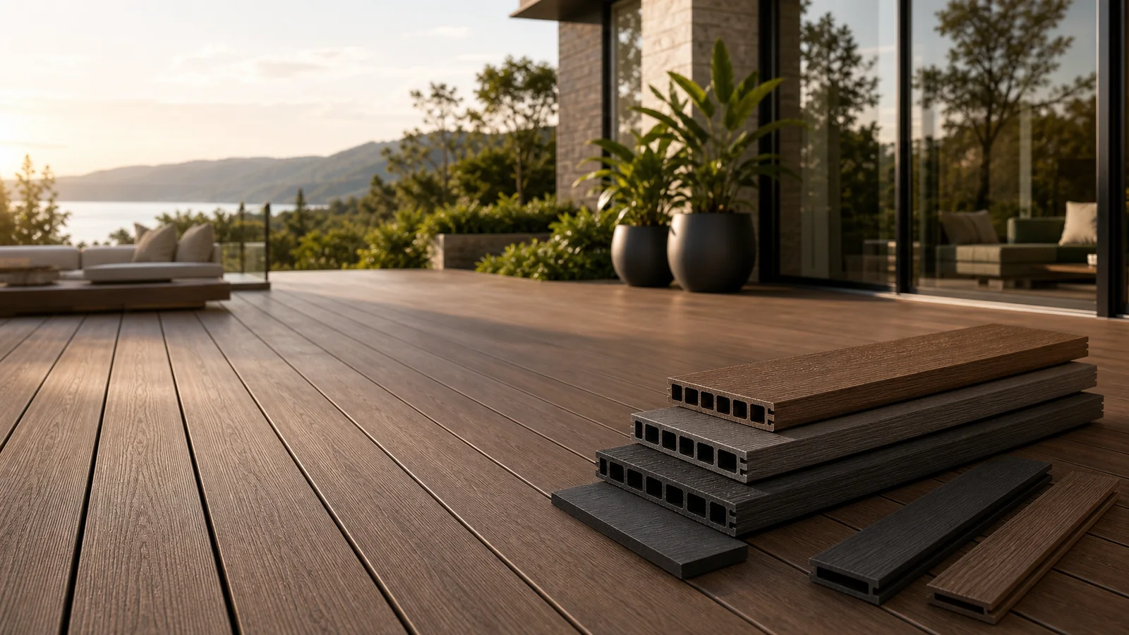 WPC decking boards installed on a modern terrace with board profile samples for B2B review.